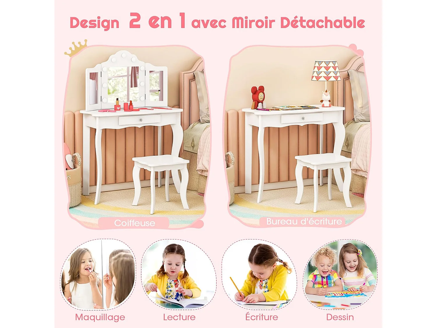 Coiffeuse Enfants et Tabouret 2 en 1 avec Miroir Amovible & Lumières LED, Table de Maquillage Princesse avec Tiroir de Rangement, 3 Ans+, 70x34x103CM(Blanc)