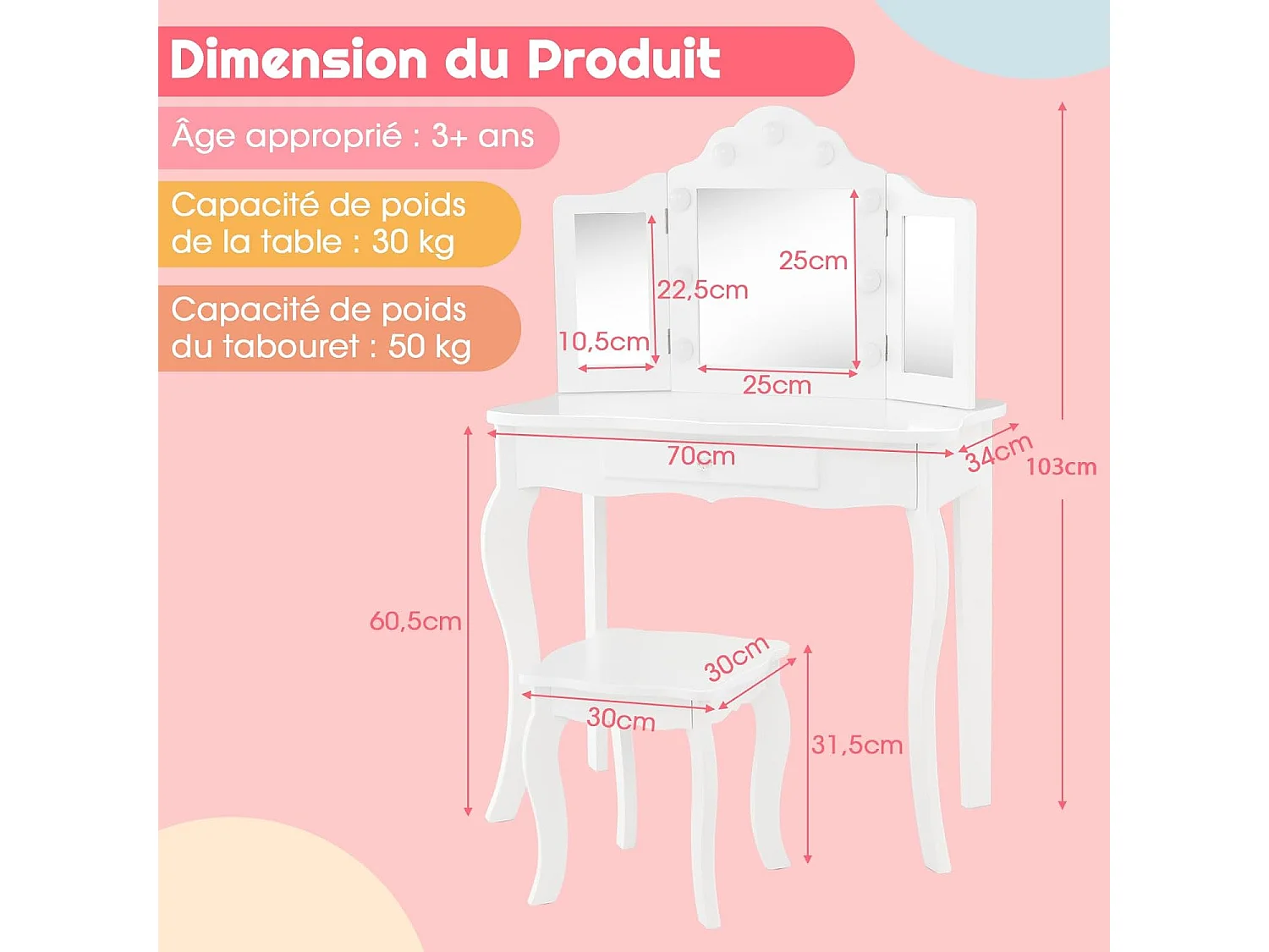 Coiffeuse Enfants et Tabouret 2 en 1 avec Miroir Amovible & Lumières LED, Table de Maquillage Princesse avec Tiroir de Rangement, 3 Ans+, 70x34x103CM(Blanc)