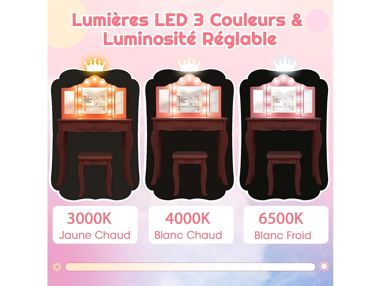 Coiffeuse Enfants et Tabouret 2 en 1 avec Miroir Amovible & Lumières LED, Table de Maquillage Princesse avec Tiroir de Rangement, 3 Ans+, 70x34x103CM(Blanc)
