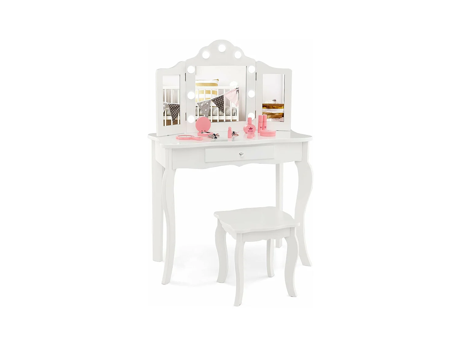 Coiffeuse Enfants et Tabouret 2 en 1 avec Miroir Amovible & Lumières LED, Table de Maquillage Princesse avec Tiroir de Rangement, 3 Ans+, 70x34x103CM(Blanc)