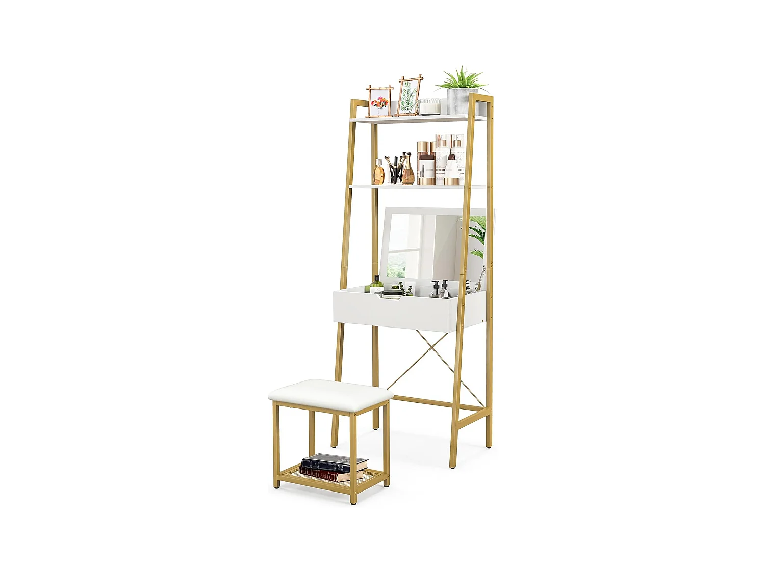 Ensemble de Coiffeuse et Tabouret avec Miroir Rabattable, Table de Maquillage avec 2 Étagères de Rangement, Tabouret Rembourré, Blanc + Or