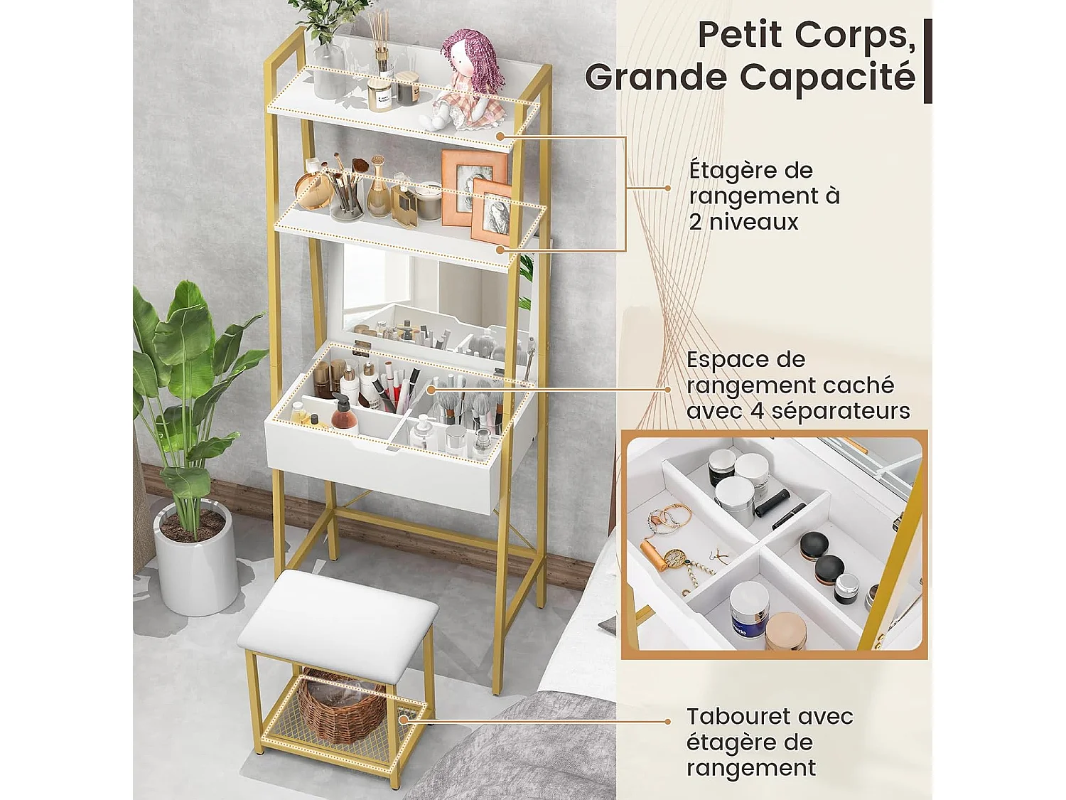 Ensemble de Coiffeuse et Tabouret avec Miroir Rabattable, Table de Maquillage avec 2 Étagères de Rangement, Tabouret Rembourré, Blanc + Or