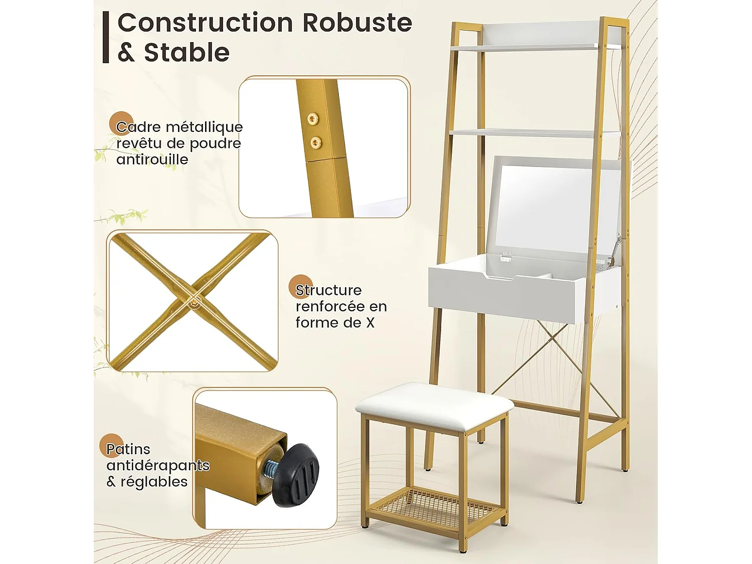 Ensemble de Coiffeuse et Tabouret avec Miroir Rabattable, Table de Maquillage avec 2 Étagères de Rangement, Tabouret Rembourré, Blanc + Or
