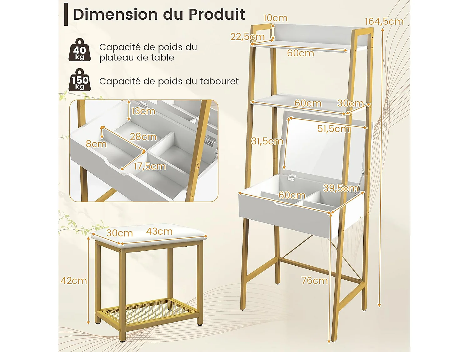 Ensemble de Coiffeuse et Tabouret avec Miroir Rabattable, Table de Maquillage avec 2 Étagères de Rangement, Tabouret Rembourré, Blanc + Or