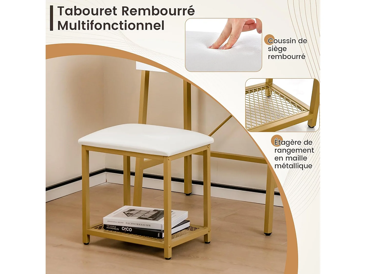 Ensemble de Coiffeuse et Tabouret avec Miroir Rabattable, Table de Maquillage avec 2 Étagères de Rangement, Tabouret Rembourré, Blanc + Or