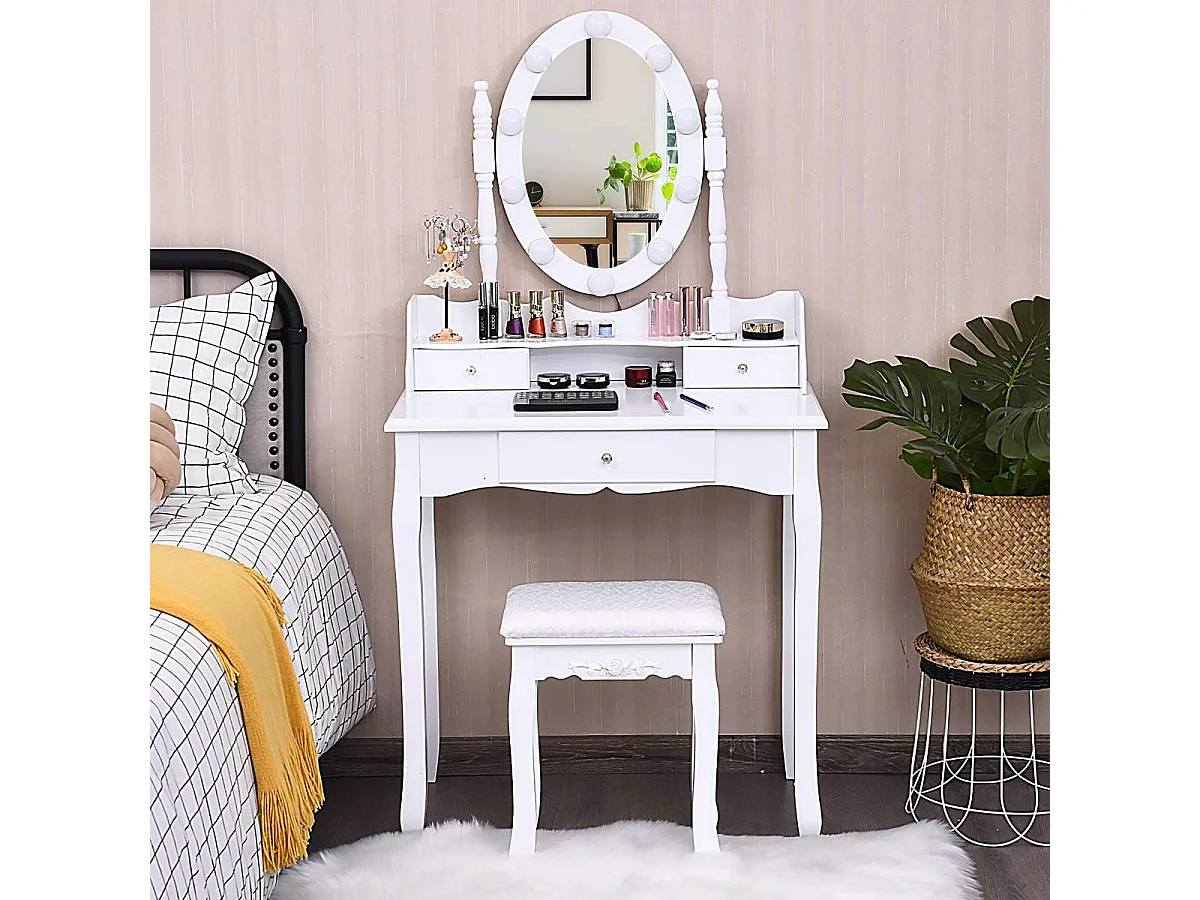Coiffeuse avec Eclairage, Miroir Ovale, Pivotant à 360°, 10 Lumières, Tabouret Rembourré Inclus, avec 3 Tiroirs de Rangements, Blanc
