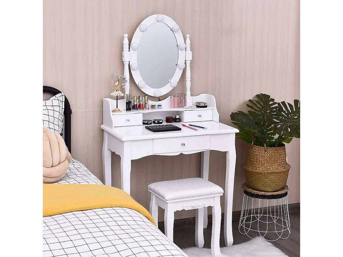 Coiffeuse avec Eclairage, Miroir Ovale, Pivotant à 360°, 10 Lumières, Tabouret Rembourré Inclus, avec 3 Tiroirs de Rangements, Blanc