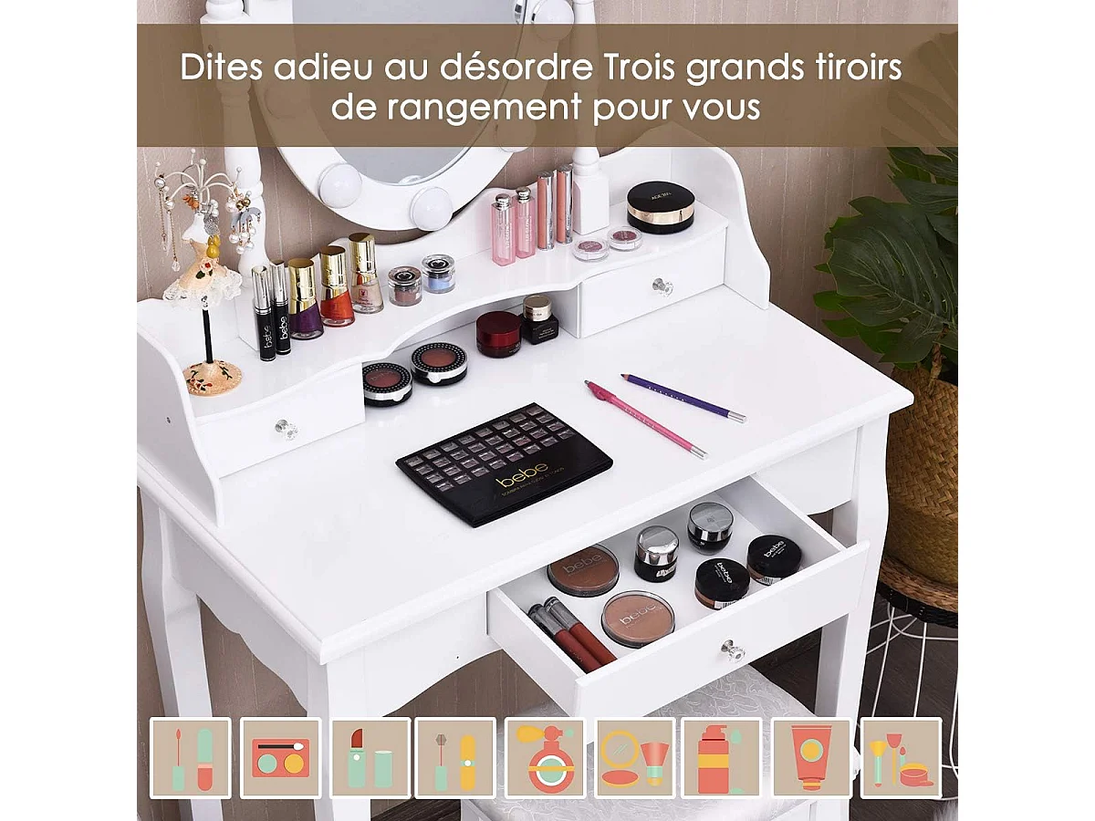 Coiffeuse avec Eclairage, Miroir Ovale, Pivotant à 360°, 10 Lumières, Tabouret Rembourré Inclus, avec 3 Tiroirs de Rangements, Blanc