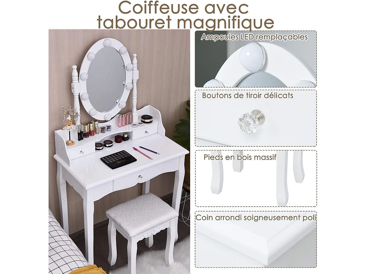 Coiffeuse avec Eclairage, Miroir Ovale, Pivotant à 360°, 10 Lumières, Tabouret Rembourré Inclus, avec 3 Tiroirs de Rangements, Blanc