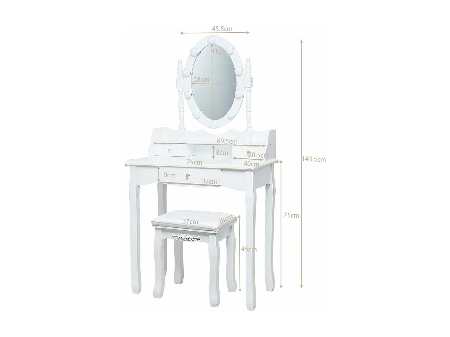 Coiffeuse avec Eclairage, Miroir Ovale, Pivotant à 360°, 10 Lumières, Tabouret Rembourré Inclus, avec 3 Tiroirs de Rangements, Blanc