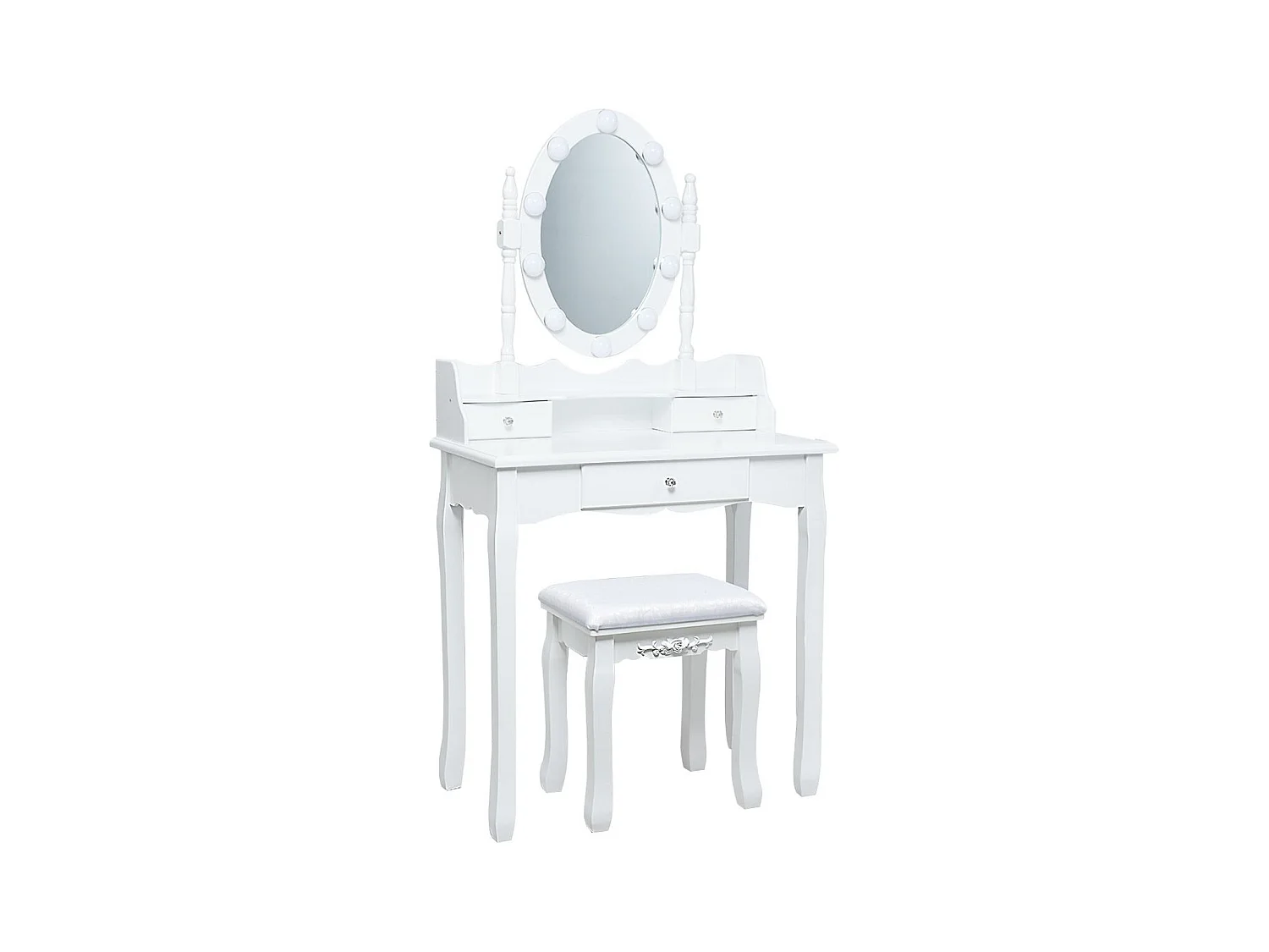 Coiffeuse avec Eclairage, Miroir Ovale, Pivotant à 360°, 10 Lumières, Tabouret Rembourré Inclus, avec 3 Tiroirs de Rangements, Blanc