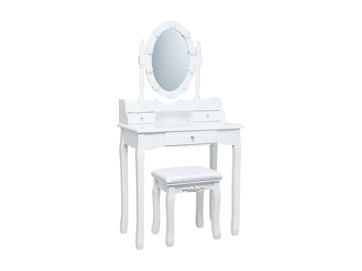 Coiffeuse avec Eclairage, Miroir Ovale, Pivotant à 360°, 10 Lumières, Tabouret Rembourré Inclus, avec 3 Tiroirs de Rangements, Blanc