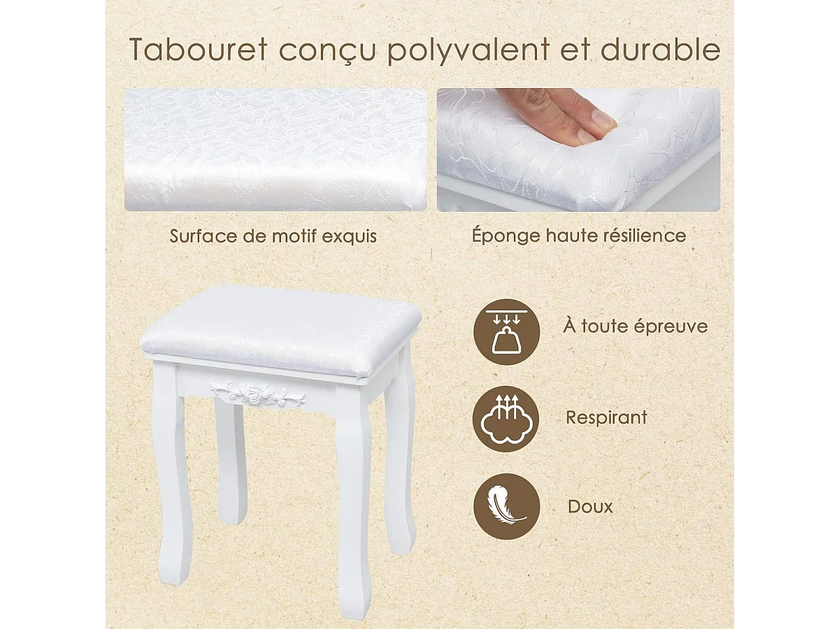 Coiffeuse avec Eclairage, Miroir Ovale, Pivotant à 360°, 10 Lumières, Tabouret Rembourré Inclus, avec 3 Tiroirs de Rangements, Blanc