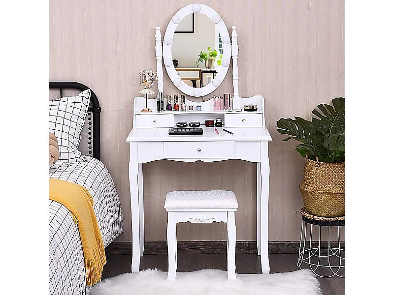 Kaptafel met verlichting, ovale spiegel, 360° draaibaar, 10 lampen, inclusief gevoerde kruk, met 3 opberglades, wit