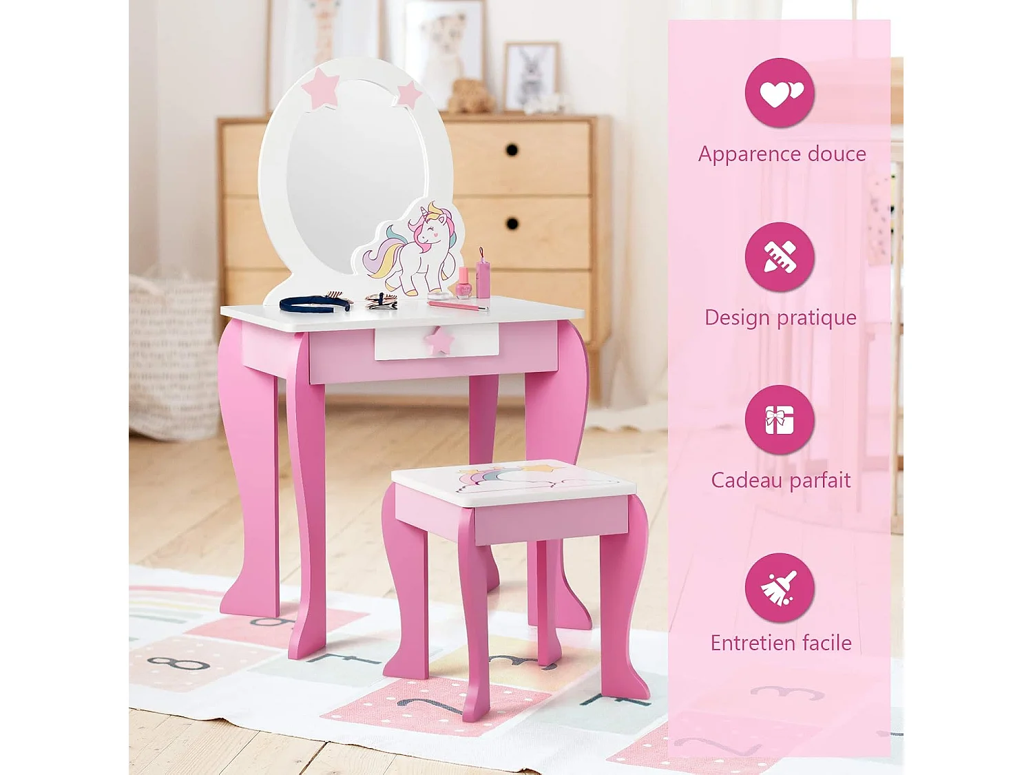Coiffeuse pour Enfant Table de Maquillage avec Tabouret, Miroir Détachable et 1 Tiroir de Rangement Style Princesse