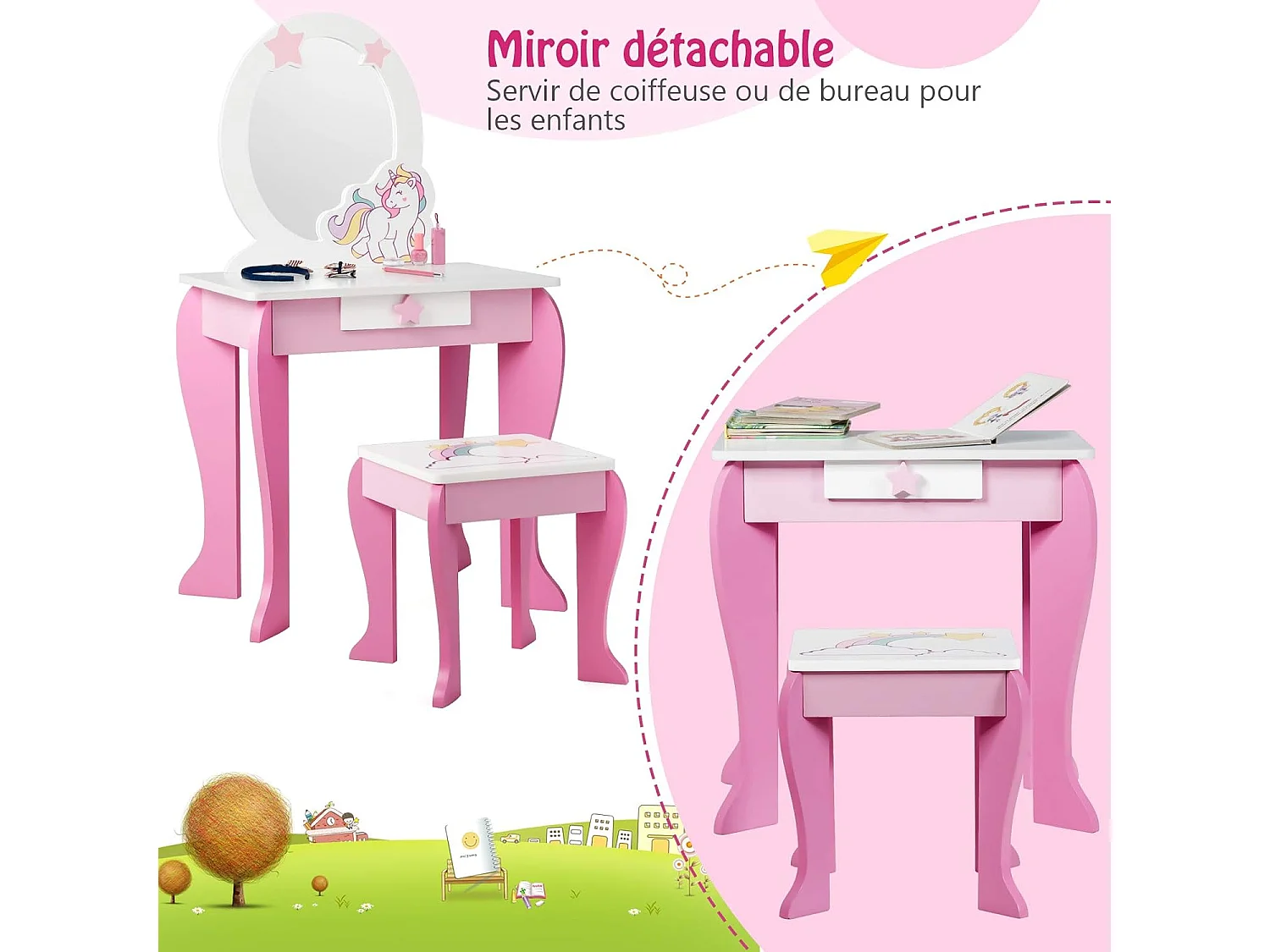 Coiffeuse pour Enfant Table de Maquillage avec Tabouret, Miroir Détachable et 1 Tiroir de Rangement Style Princesse
