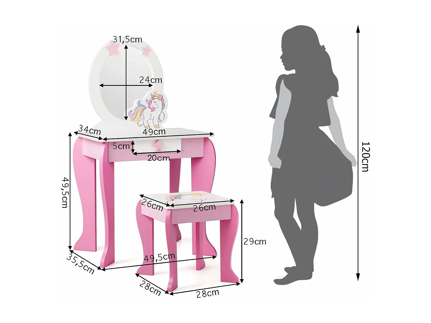 Coiffeuse pour Enfant Table de Maquillage avec Tabouret, Miroir Détachable et 1 Tiroir de Rangement Style Princesse