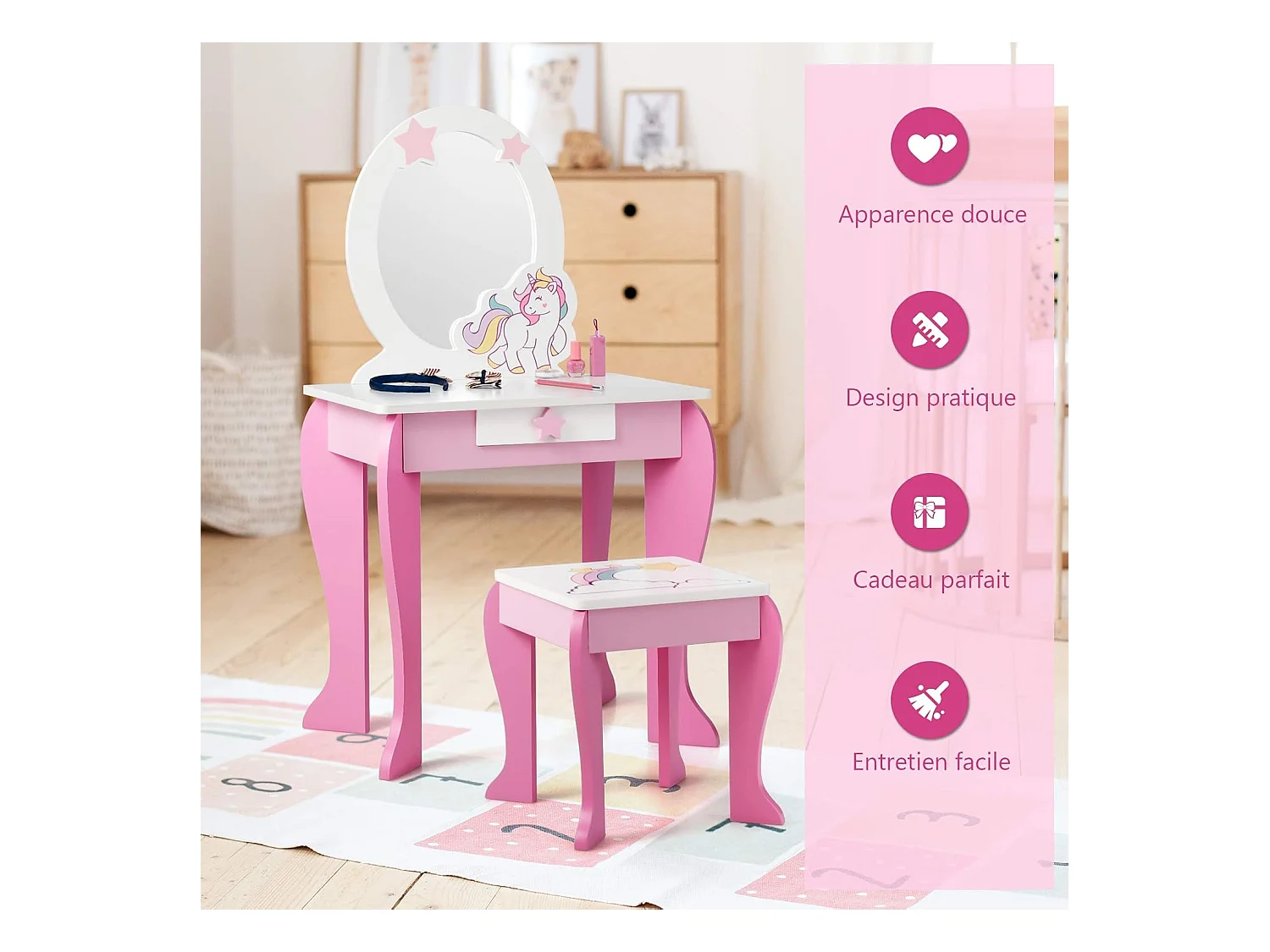 Coiffeuse pour Enfant Table de Maquillage avec Tabouret, Miroir Détachable et 1 Tiroir de Rangement Style Princesse