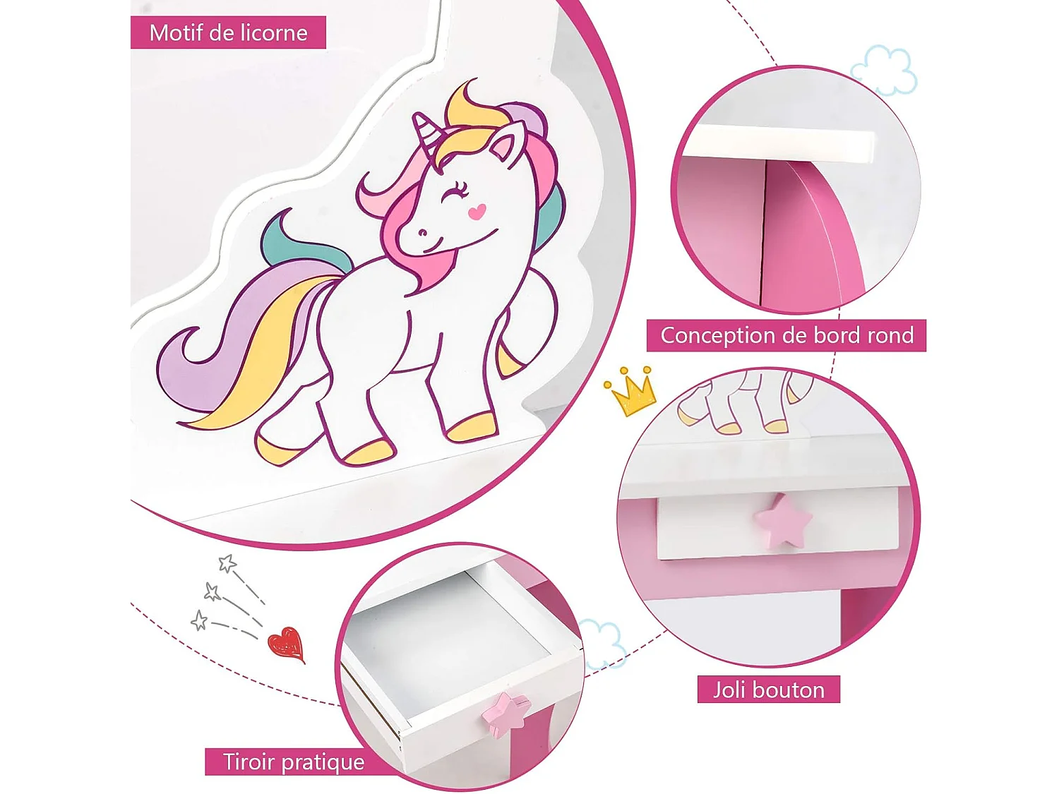 Coiffeuse pour Enfant Table de Maquillage avec Tabouret, Miroir Détachable et 1 Tiroir de Rangement Style Princesse