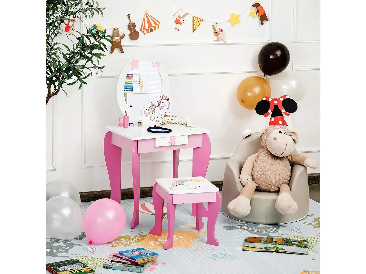 Coiffeuse pour Enfant Table de Maquillage avec Tabouret, Miroir Détachable et 1 Tiroir de Rangement Style Princesse