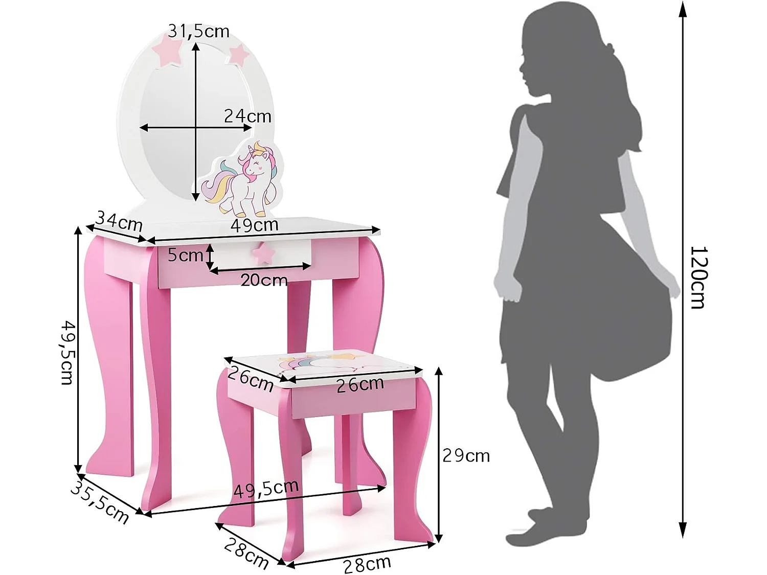Coiffeuse pour Enfant Table de Maquillage avec Tabouret, Miroir Détachable et 1 Tiroir de Rangement Style Princesse