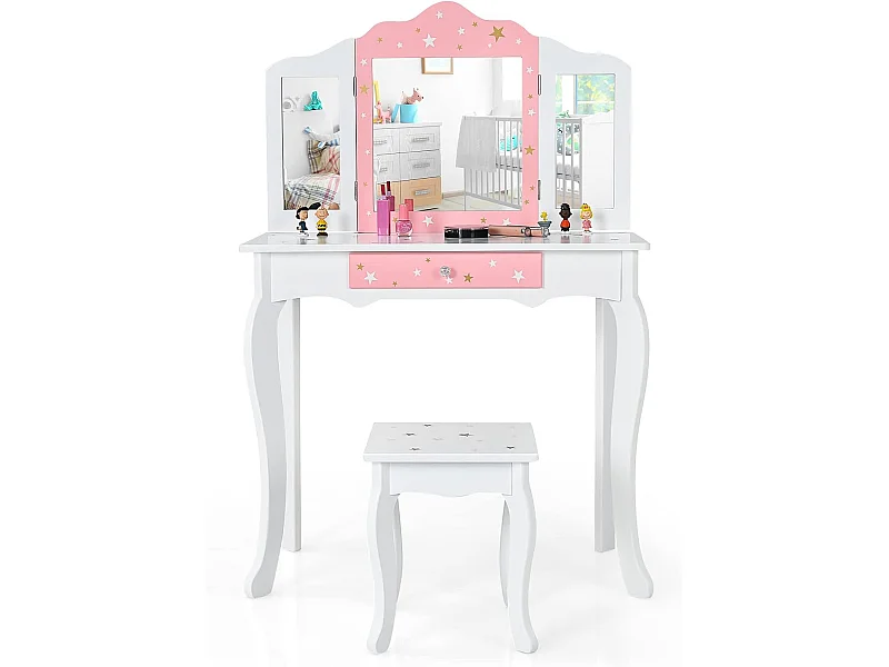 Ensemble Coiffeuse et Tabouret pour Enfants, Miroir à 3 Volets Amovible, Table de Maquillage avec Tiroir Blanc