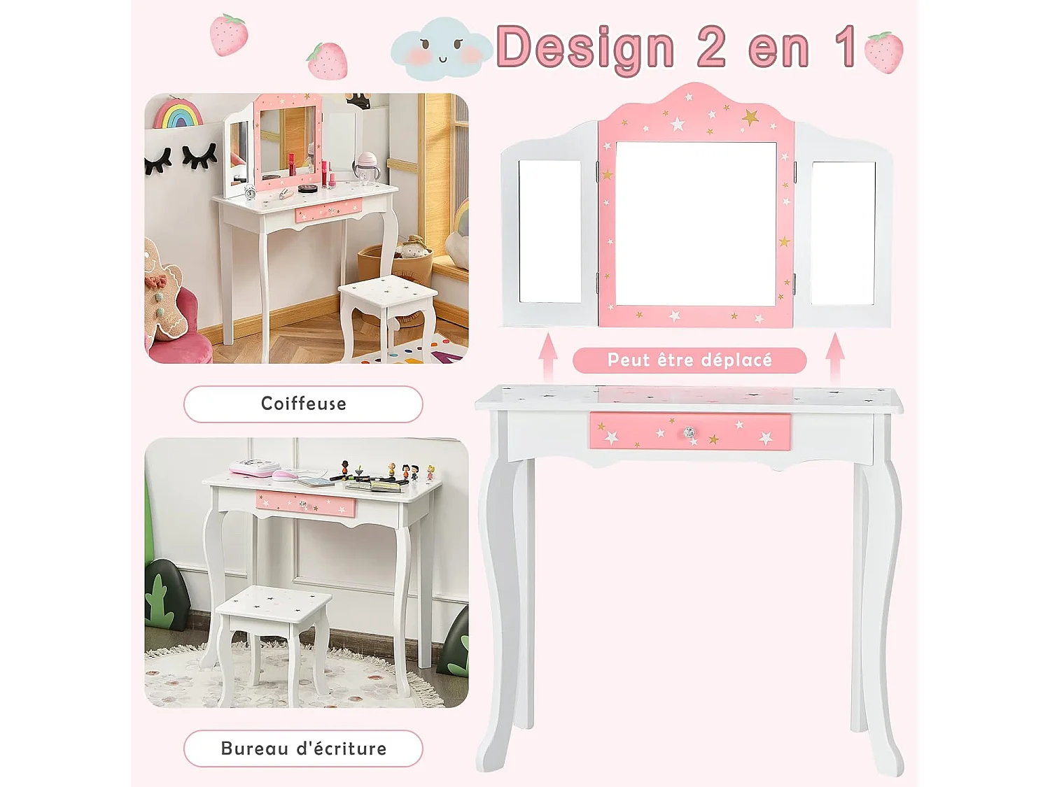 Ensemble Coiffeuse et Tabouret pour Enfants, Miroir à 3 Volets Amovible, Table de Maquillage avec Tiroir Blanc