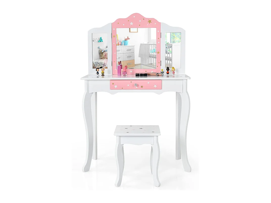 Ensemble Coiffeuse et Tabouret pour Enfants, Miroir à 3 Volets Amovible, Table de Maquillage avec Tiroir Blanc
