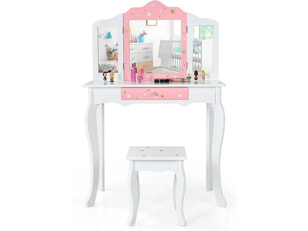 Ensemble Coiffeuse et Tabouret pour Enfants, Miroir à 3 Volets Amovible, Table de Maquillage avec Tiroir Blanc