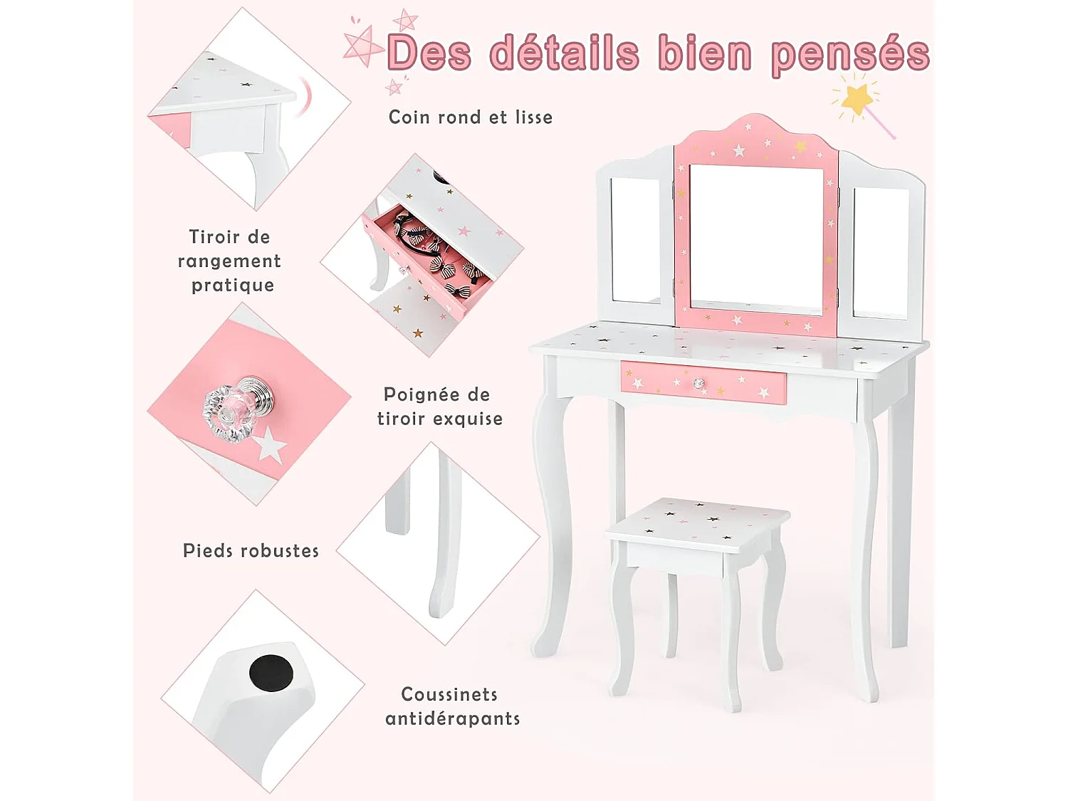 Ensemble Coiffeuse et Tabouret pour Enfants, Miroir à 3 Volets Amovible, Table de Maquillage avec Tiroir Blanc