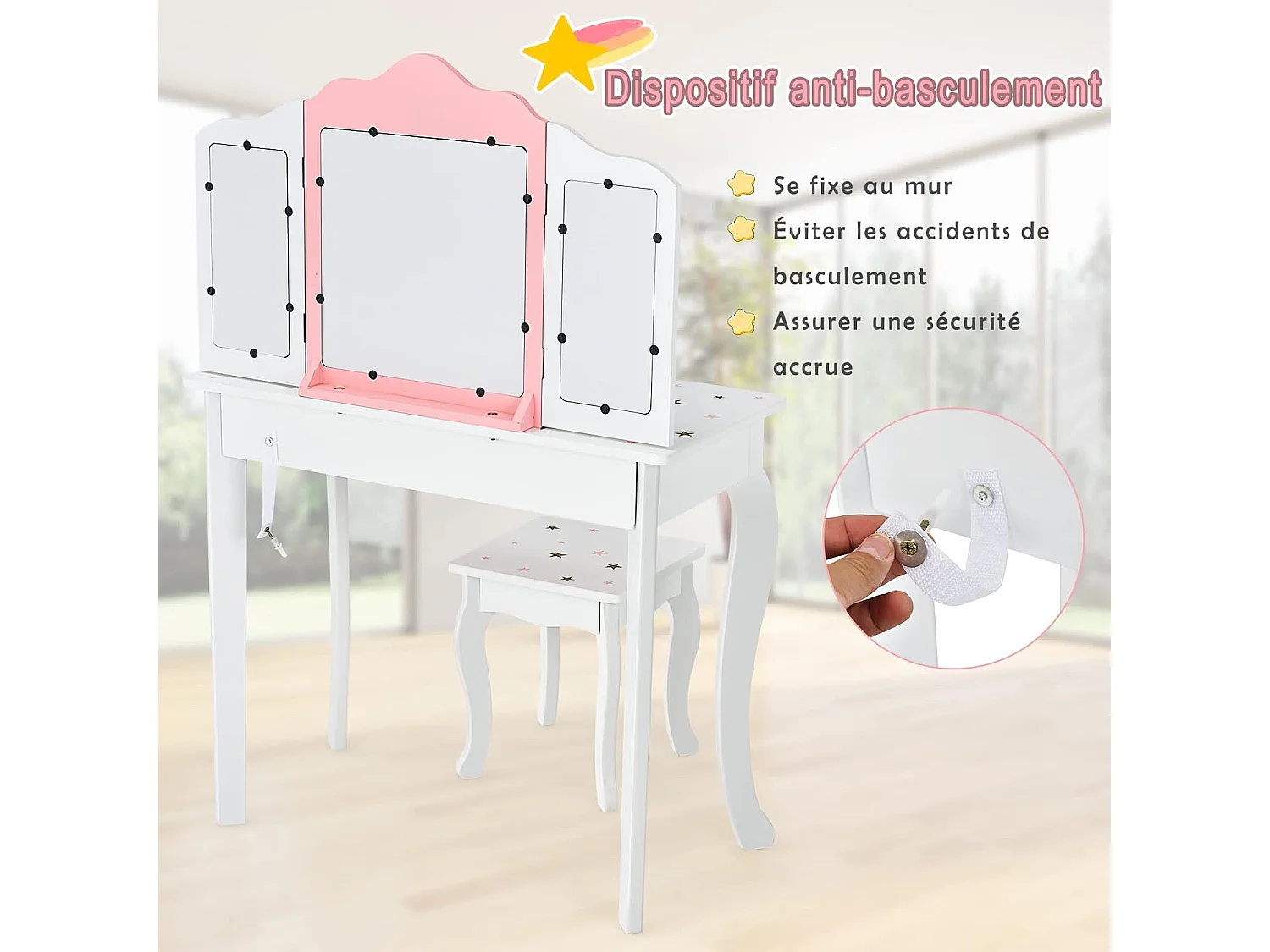 Ensemble Coiffeuse et Tabouret pour Enfants, Miroir à 3 Volets Amovible, Table de Maquillage avec Tiroir Blanc