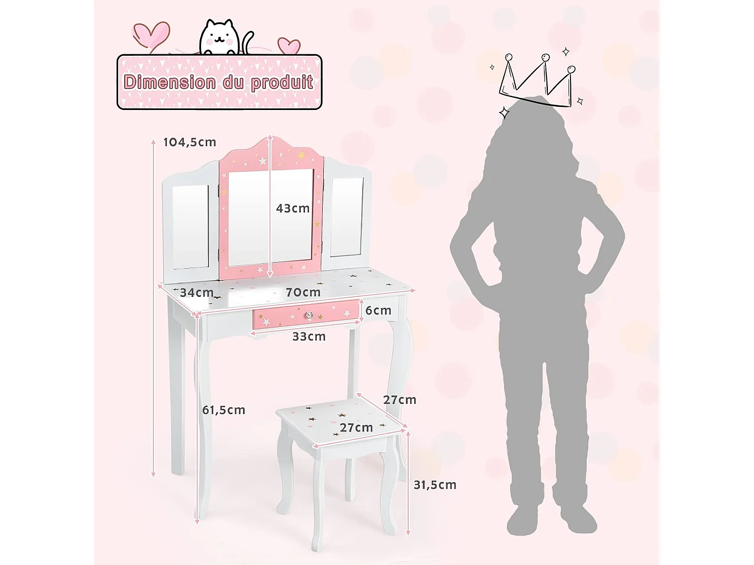 Ensemble Coiffeuse et Tabouret pour Enfants, Miroir à 3 Volets Amovible, Table de Maquillage avec Tiroir Blanc