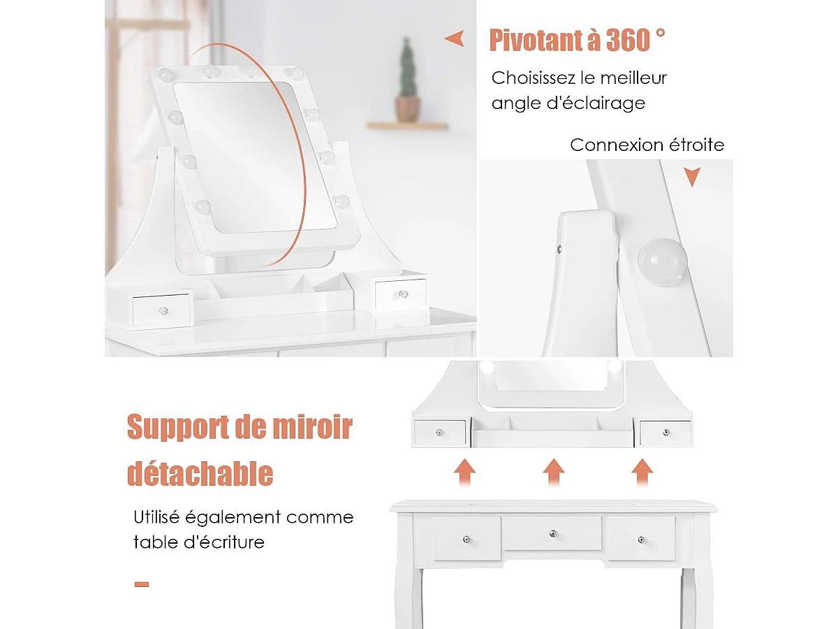 Coiffeuse, Table de Maquillage avec 10 Ampoules LED à Intensité Variable Tabouret avec 5 Tiroirs et Boîtes de Rangement Amovibles, Blanc
