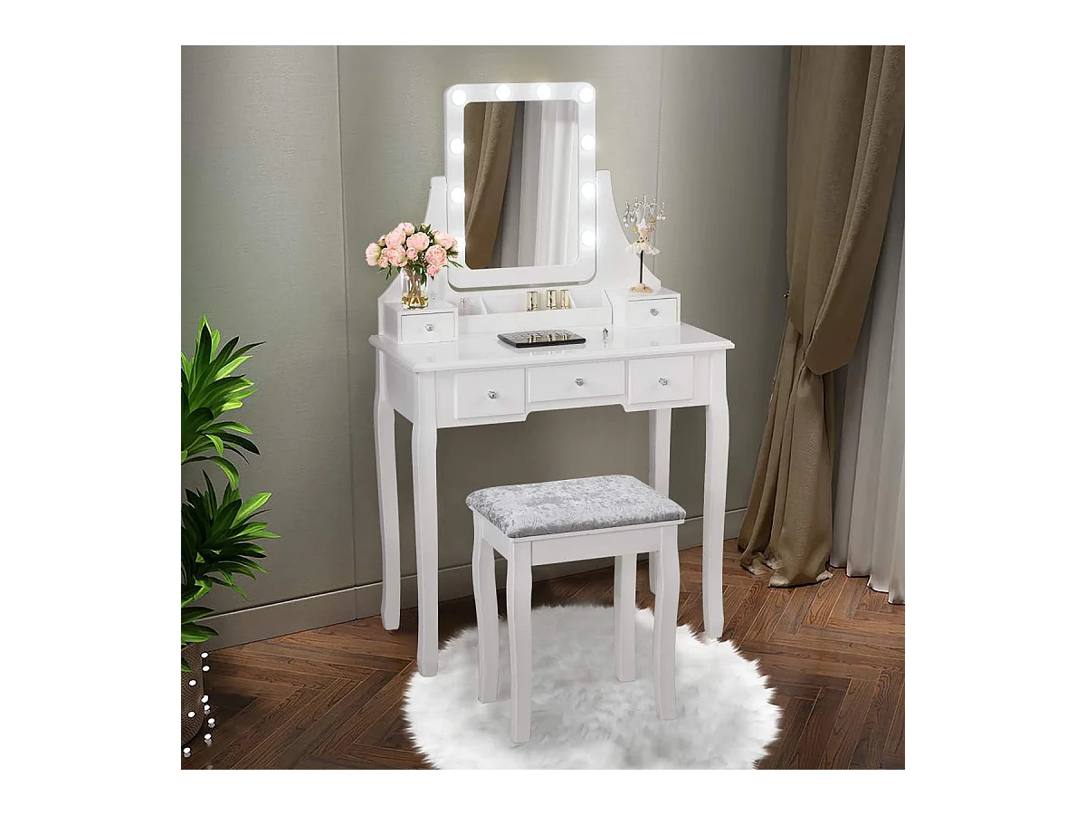 Coiffeuse, Table de Maquillage avec 10 Ampoules LED à Intensité Variable Tabouret avec 5 Tiroirs et Boîtes de Rangement Amovibles, Blanc