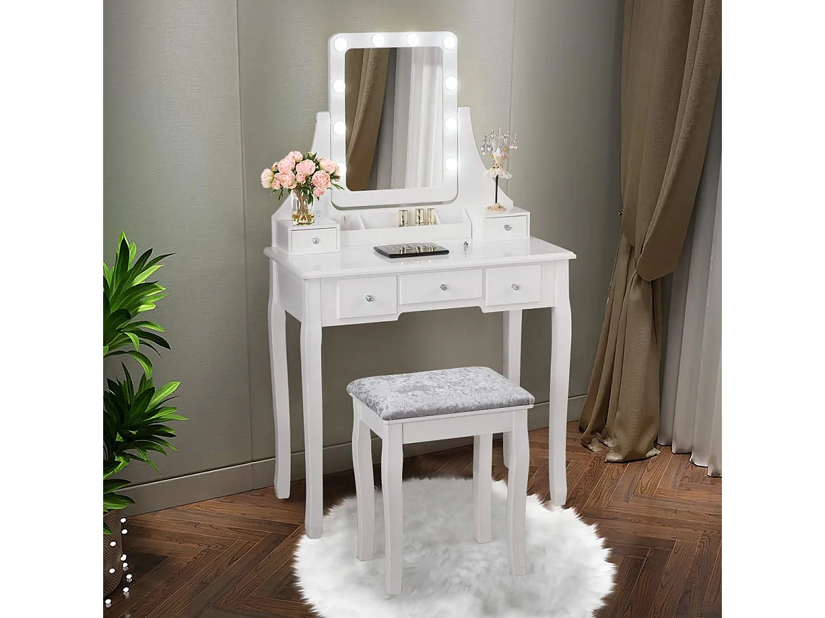 Coiffeuse, Table de Maquillage avec 10 Ampoules LED à Intensité Variable Tabouret avec 5 Tiroirs et Boîtes de Rangement Amovibles, Blanc