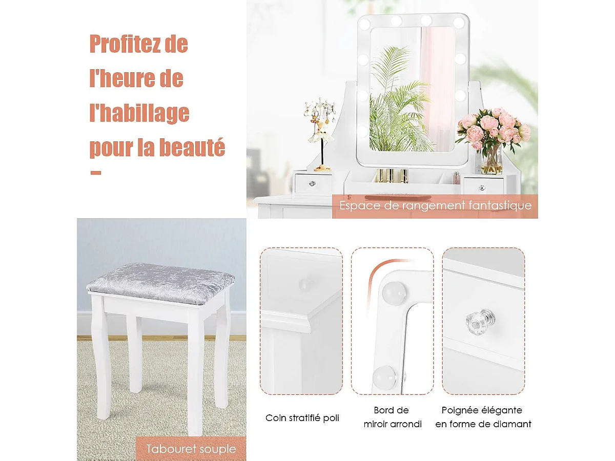 Coiffeuse, Table de Maquillage avec 10 Ampoules LED à Intensité Variable Tabouret avec 5 Tiroirs et Boîtes de Rangement Amovibles, Blanc