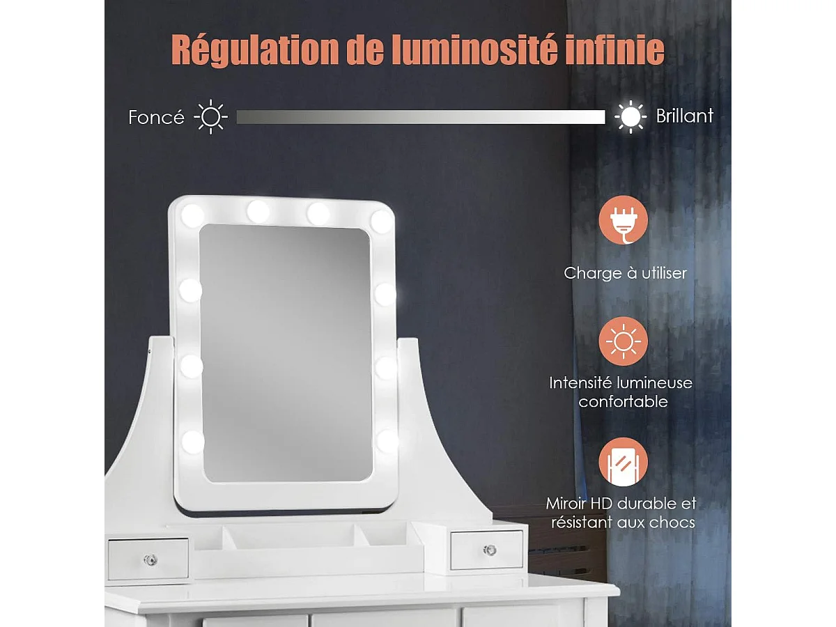 Coiffeuse, Table de Maquillage avec 10 Ampoules LED à Intensité Variable Tabouret avec 5 Tiroirs et Boîtes de Rangement Amovibles, Blanc