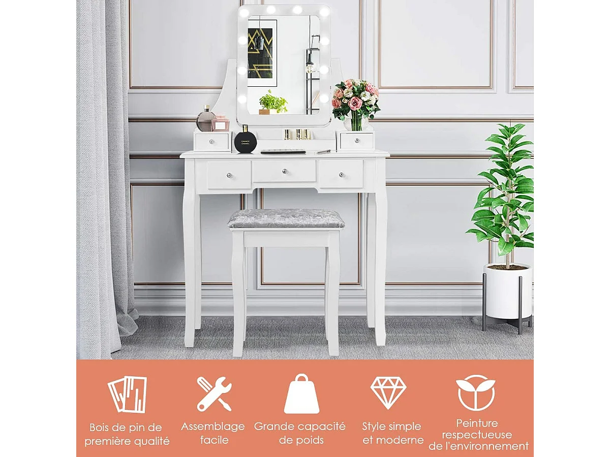 Coiffeuse, Table de Maquillage avec 10 Ampoules LED à Intensité Variable Tabouret avec 5 Tiroirs et Boîtes de Rangement Amovibles, Blanc