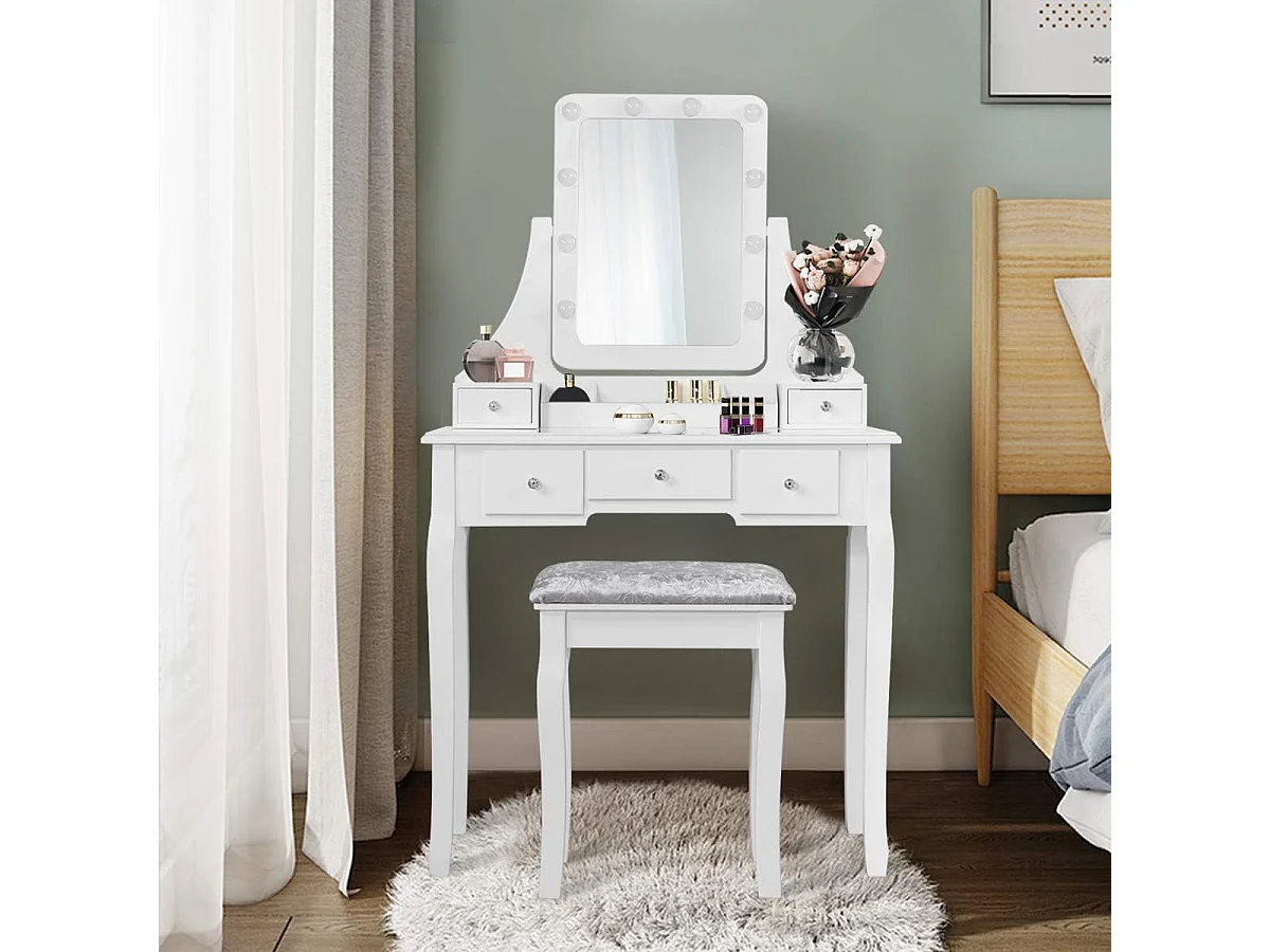 Coiffeuse, Table de Maquillage avec 10 Ampoules LED à Intensité Variable Tabouret avec 5 Tiroirs et Boîtes de Rangement Amovibles, Blanc