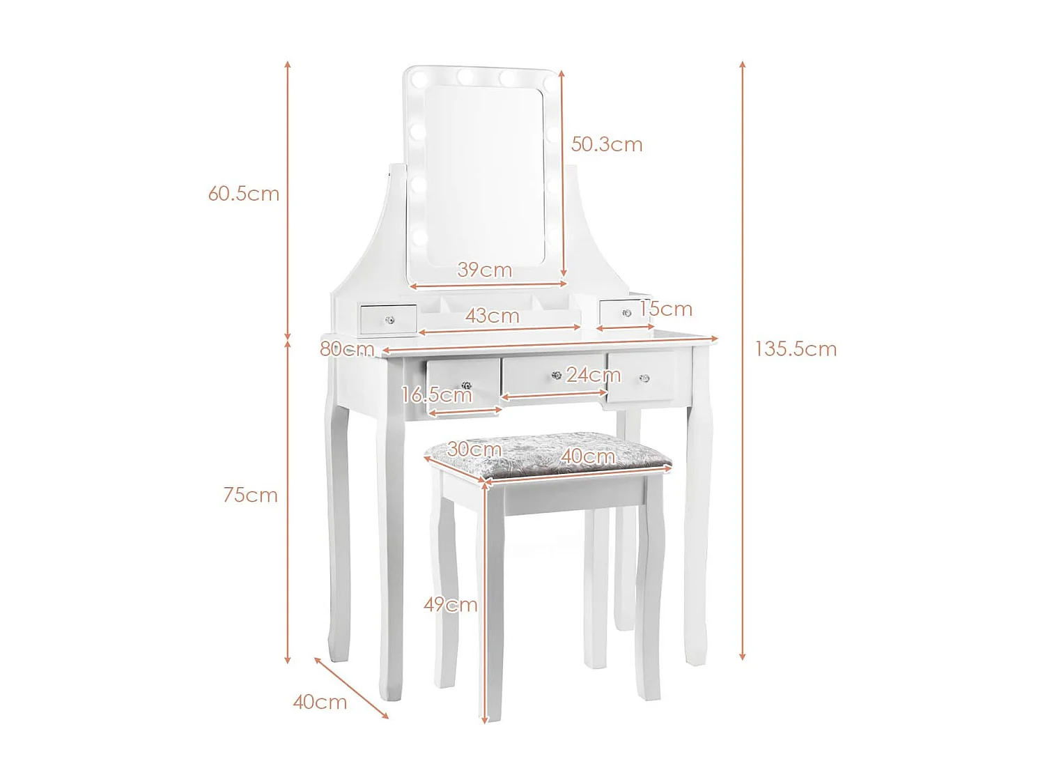 Kaptafel, make-uptafel met 10 dimbare LED-lampen, kruk met 5 lades en verwijderbare opbergdozen, wit