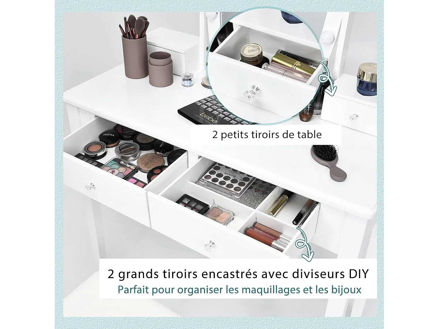 Coiffeuse 10 Ampoules LED à Intensité Variable, Miroir Pivotant à 360 Degrés avec 4 Tiroirs de Rangement Blanc