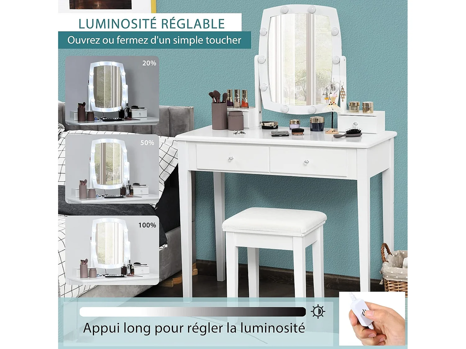 Coiffeuse 10 Ampoules LED à Intensité Variable, Miroir Pivotant à 360 Degrés avec 4 Tiroirs de Rangement Blanc