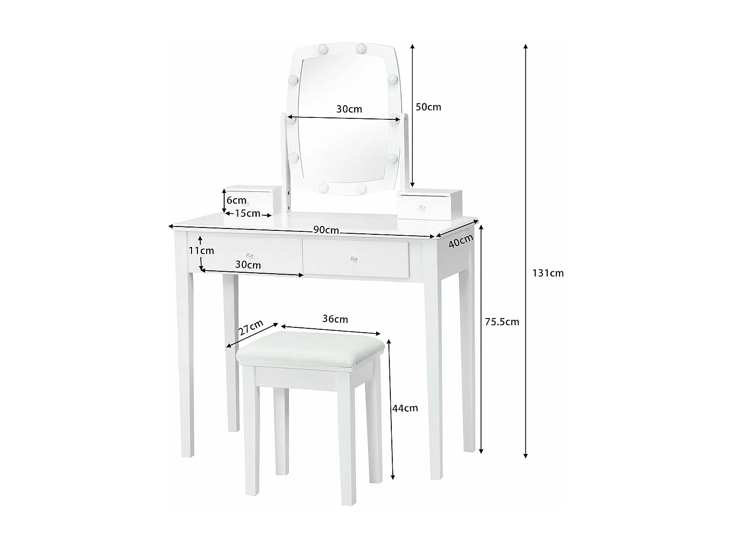 Coiffeuse 10 Ampoules LED à Intensité Variable, Miroir Pivotant à 360 Degrés avec 4 Tiroirs de Rangement Blanc