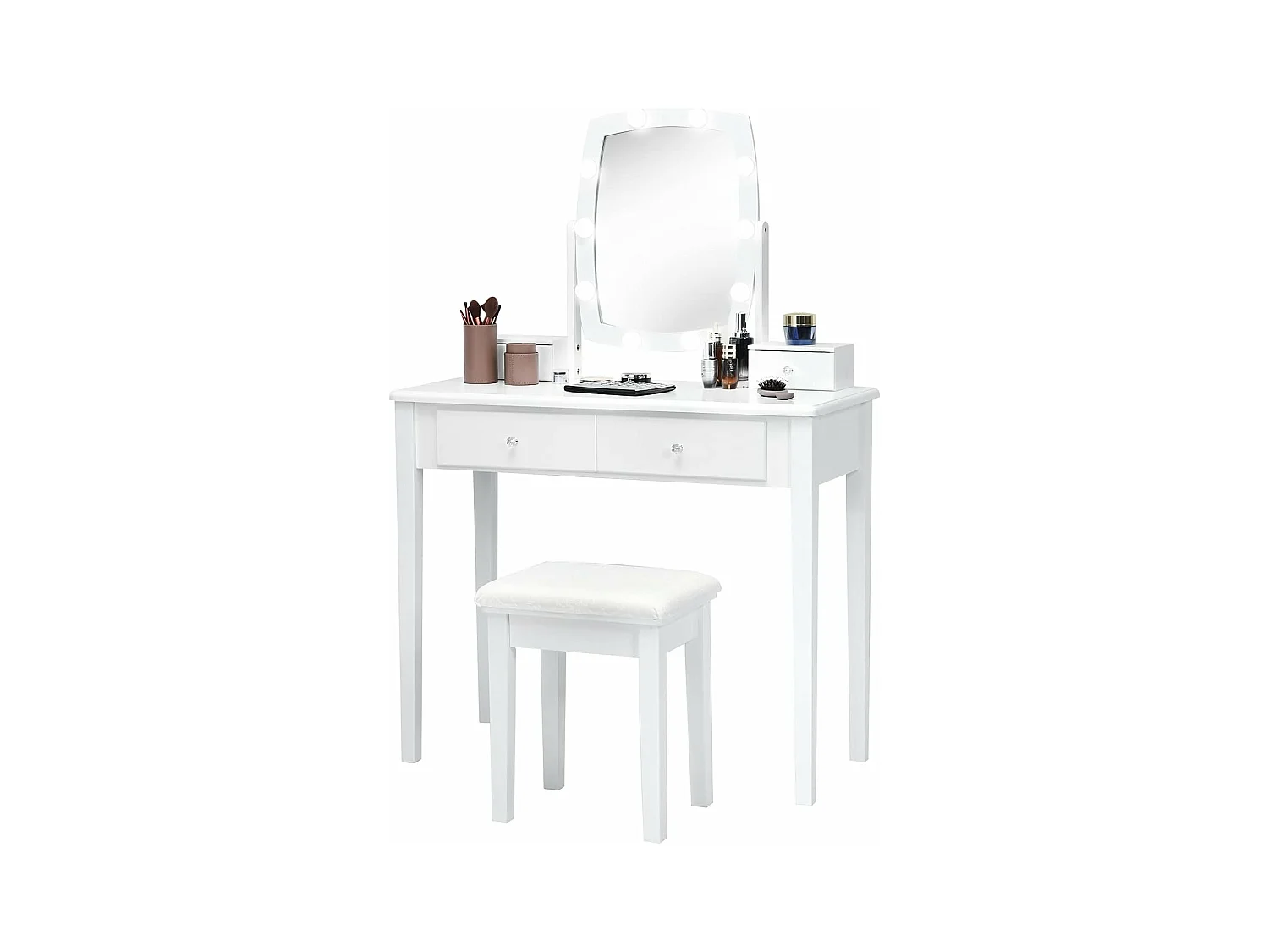 Coiffeuse 10 Ampoules LED à Intensité Variable, Miroir Pivotant à 360 Degrés avec 4 Tiroirs de Rangement Blanc