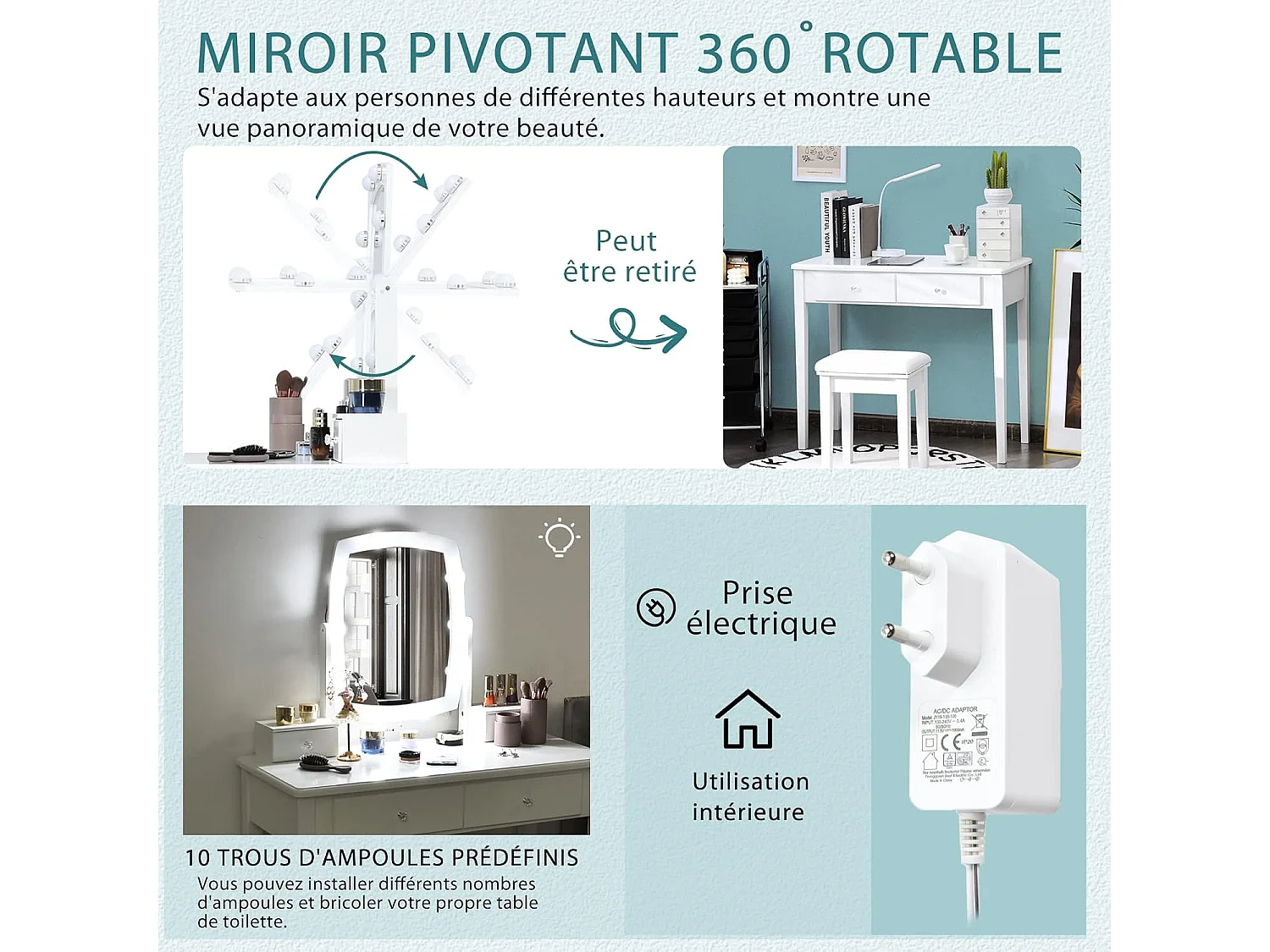 Coiffeuse 10 Ampoules LED à Intensité Variable, Miroir Pivotant à 360 Degrés avec 4 Tiroirs de Rangement Blanc