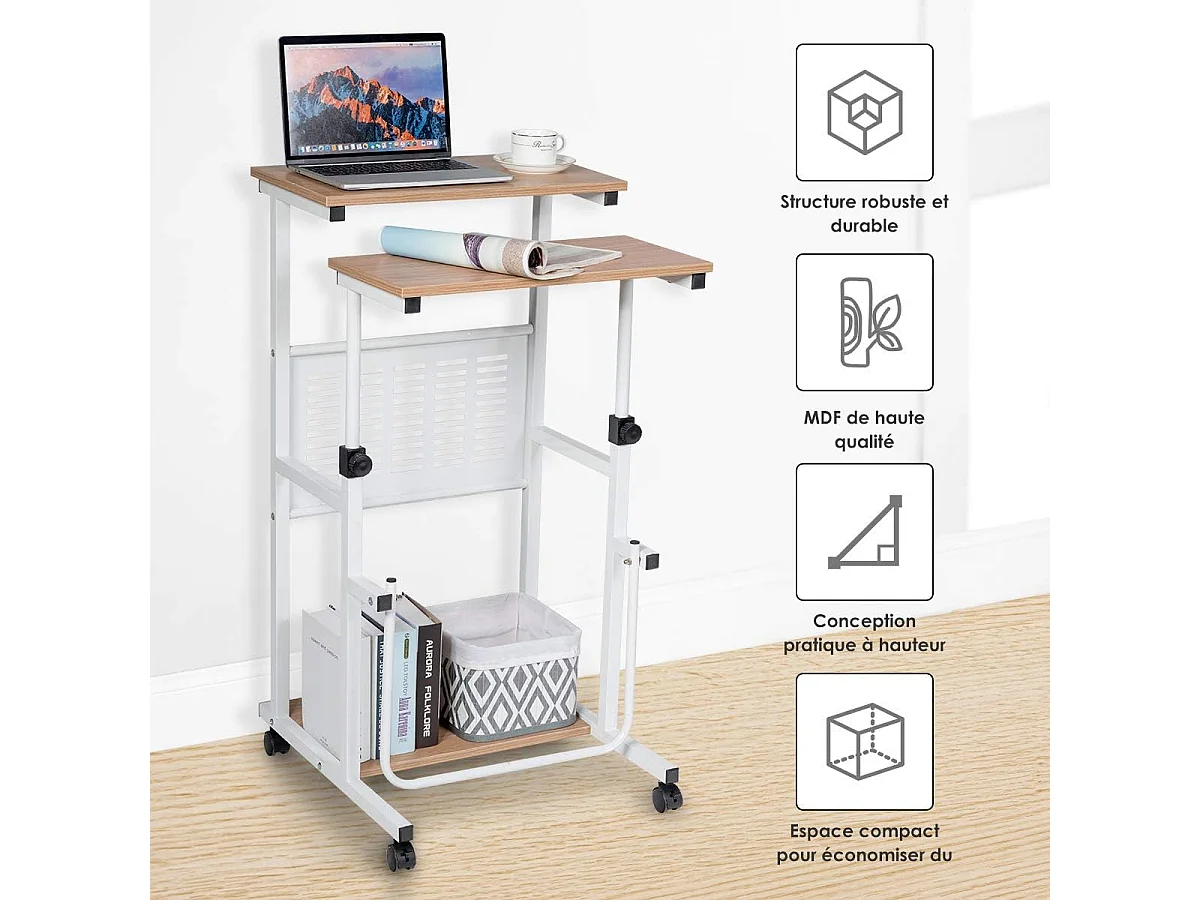 Bureau Informatique Assis-Debout Roulant Ajustable 68-98CM, avec Plateau de Clavier
