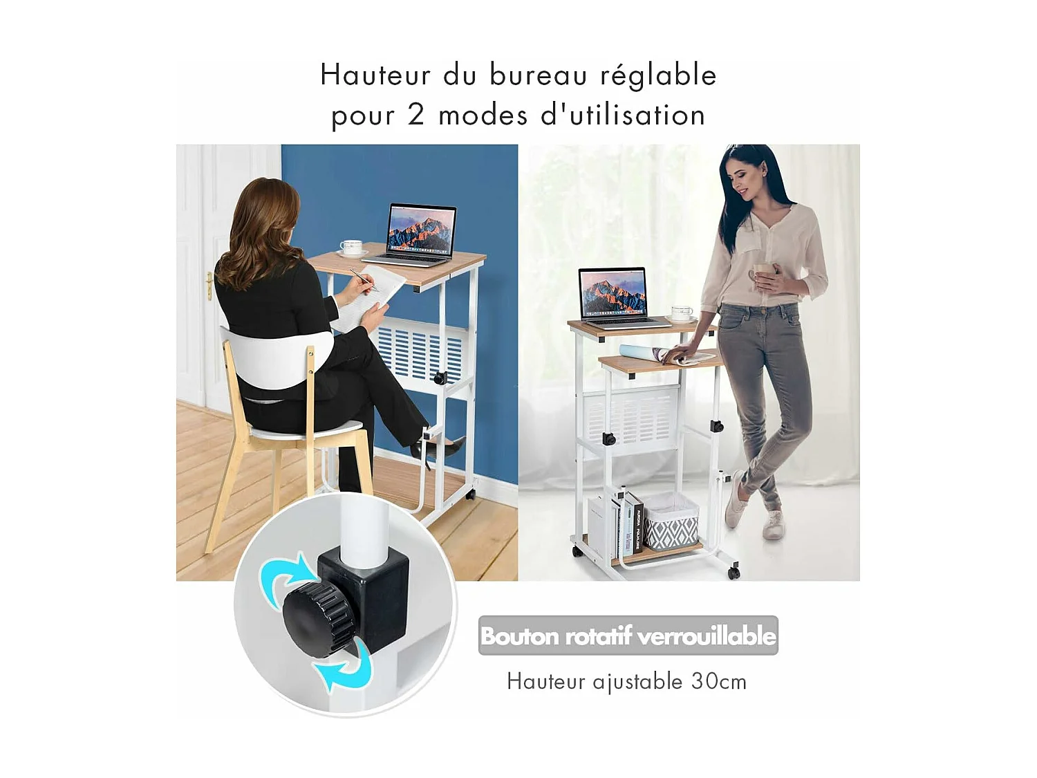 Bureau Informatique Assis-Debout Roulant Ajustable 68-98CM, avec Plateau de Clavier