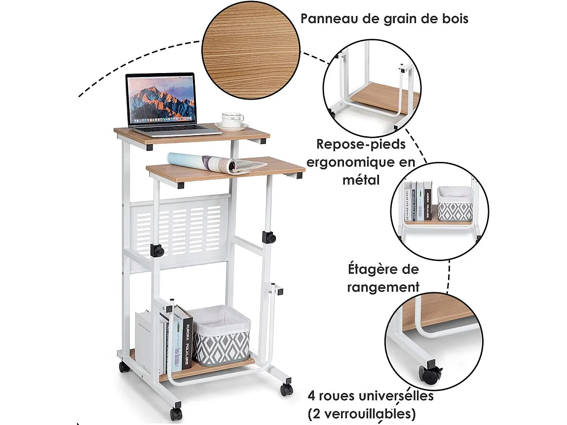 Bureau Informatique Assis-Debout Roulant Ajustable 68-98CM, avec Plateau de Clavier