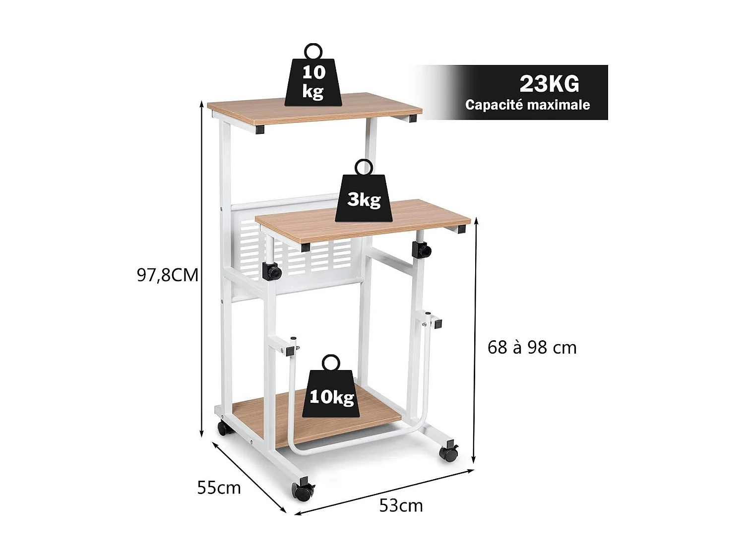 Bureau Informatique Assis-Debout Roulant Ajustable 68-98CM, avec Plateau de Clavier