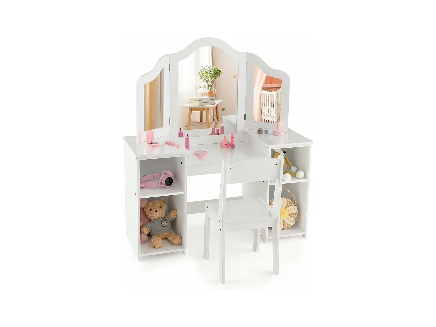 2 en 1 Coiffeuse et Chaise Enfants avec Miroir Amovible à Trois Volets, Table de Maquillage Princesse avec 4 Compartiments de Stockage, 104x40x117cm pour Enfants de 3 Ans+